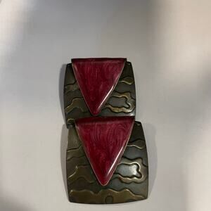 MCM art deco vintage earrings Enamel red gold textured design clip ons squares